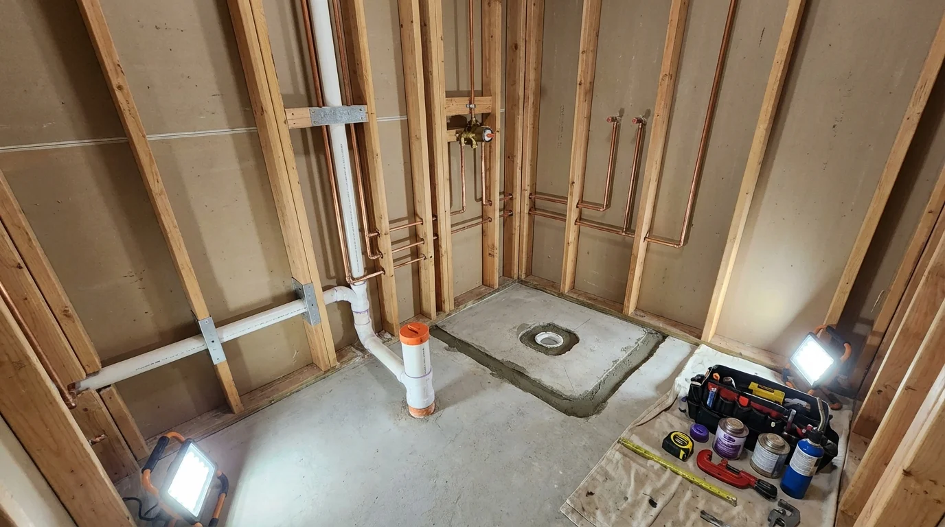 Bathroom rough-in plumbing during remodel by Johns Plumbing LLC in Spencerport