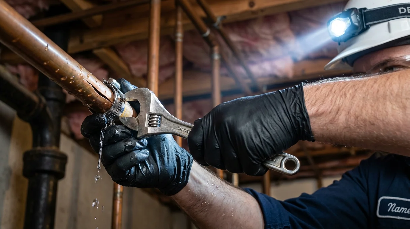 Emergency pipe clamp repair being performed by a Johns Plumbing LLC plumber in Spencerport