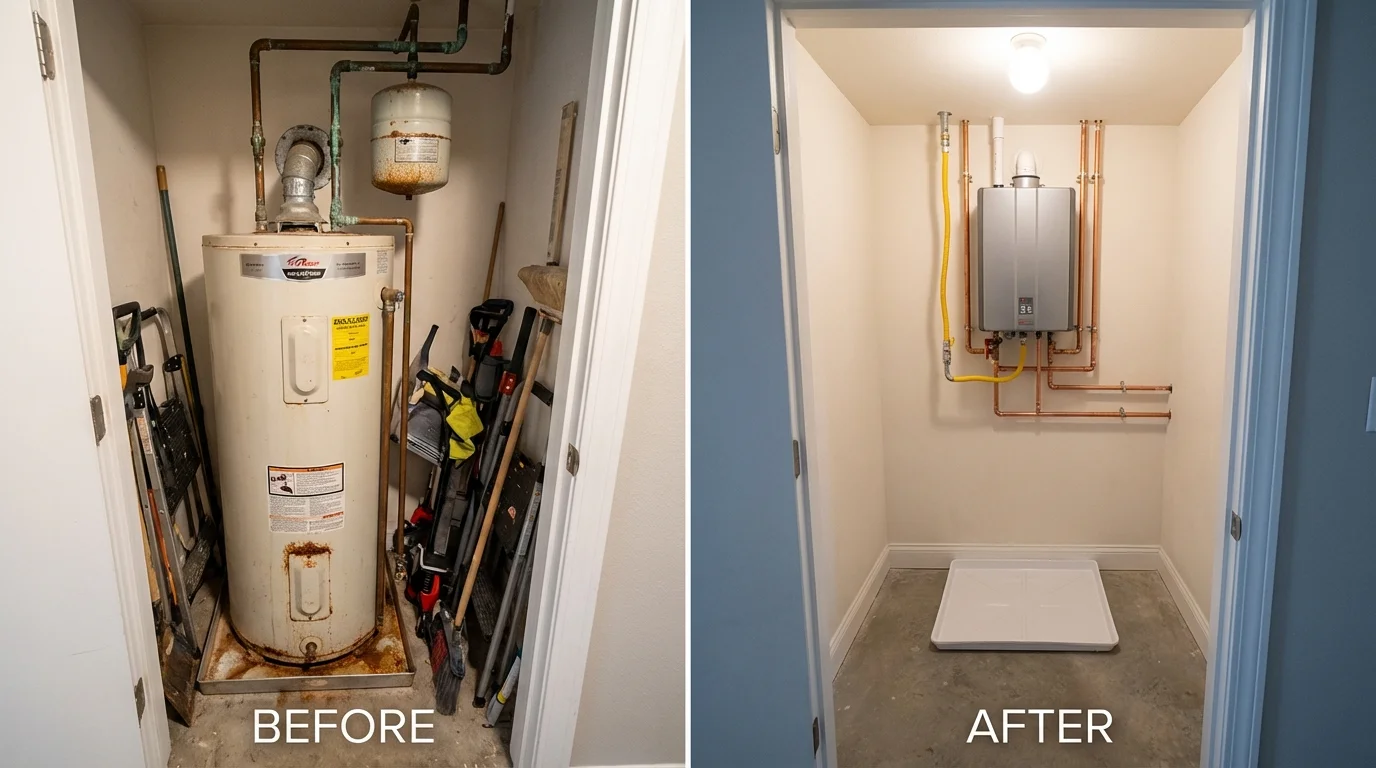 Tank water heater versus wall-mounted tankless unit comparison for Spencerport, NY homeowners