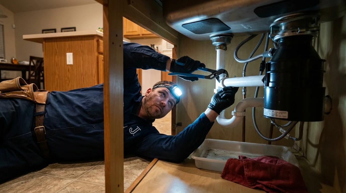 P-trap and supply line connections under a kitchen sink showing a common leak point in Spencerport, NY